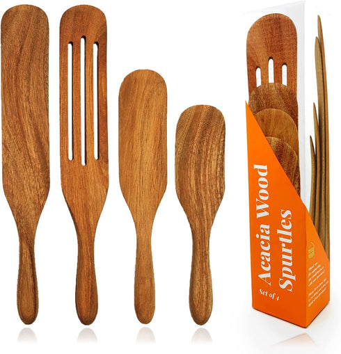 Spurtles Kitchen Tools As Seen on TV - 4 piece Wooden Spurtle set - Natural Acacia Wood Utensils for Cooking - Open Road House Spurtle Set As Seen on TV for Nonstick Cookware, Ceramic Pans, Serving