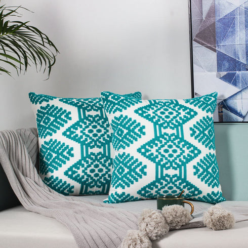 Teal Farmhouse Embroidered Decorative Pillow Covers Morocco Boho Diamond Couch Sofa Throw Cushion Cases Living Room Pillowcases,Pack 2,18x18
