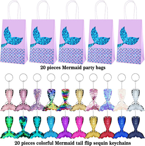 Duufin 40 Pieces Mermaid Party Favors Set Including 20 Packs Mermaid Party Bags Paper Gift Bags and 20 Pieces Flip Sequin Mermaid Tail Keychains for Mermaid Themed Party