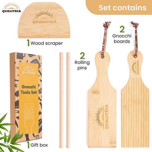 Gnocchi Board Set for Rolling Dough - 2 Pcs Paddles 2 Pcs Rollers 1 Pc Cutter - Bamboo Authentic Pasta Shaper Tools Butter Maker - Garganelli Cavatelli Tortellini Cavarola Roller - Great Cutlery Gift