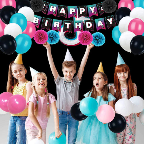 TIK TOK Birthday Party Decorations Kit,TIK TOK Party Supplies,Music Party. Included Happy Birthday Banner, Foil balloons,Latex Balloons and paper tissue pom poms for Boys Girls
