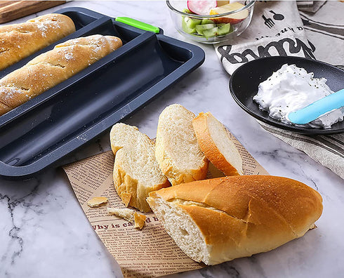 TOPZEA Set of 2 Silicone Baguette Pan, Nonstick French Bread Mold Perforated Pan 3 Wave Loaves Toast Loaf Bake Mold 8 Gutter Bread Crisping Tray for Cake Cooking Baker, Black