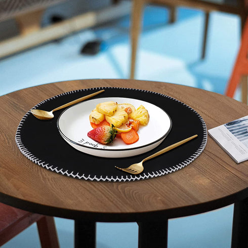 Urban Villa Round Placemats with Embroidery Stitches Black Color with White Stitches 100% Cotton Fused Place Mats 16'' Round Over Sized Set of 6 Ribbed Weave Every Day Use Heavier Quality