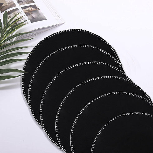 Urban Villa Round Placemats with Embroidery Stitches Black Color with White Stitches 100% Cotton Fused Place Mats 16'' Round Over Sized Set of 6 Ribbed Weave Every Day Use Heavier Quality
