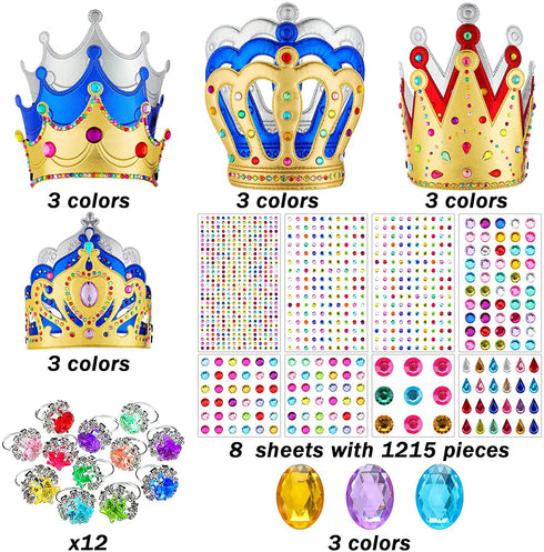 12 Pieces Foam Princess Tiaras Foam Crown Craft with 928 Pieces Gem Stickers Jewels Stickers 12 Gem Rings Party Favors