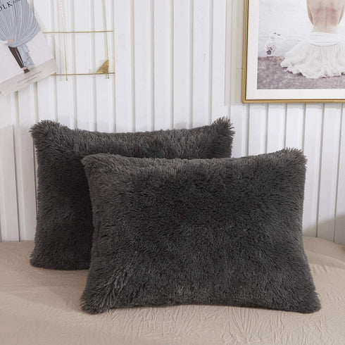 XeGe Faux Fur Throw Pillow Cases Plush Shaggy Ultra Soft Pillow Cover Fluffy Crystal Velvet Decorative Pillowcases Zipper Closure,Set of 2(Standard, Dark Gray)