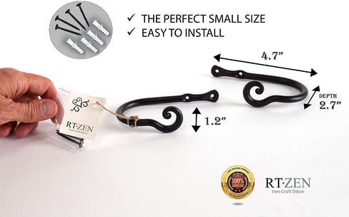 RTZEN Decorative Small Curtain Holdbacks - Set of 2 - Wrought Iron Window Drapery Tiebacks - Handmade Rod Drape Tieback Black Hooks - Rot Metal Drapes Hangers - Unique Hand Craft Décor