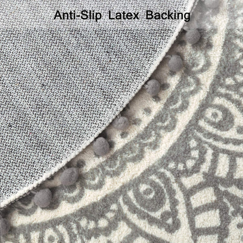 Uphome Small Round Rug 2™ Boho Beige and Grey Bathroom Rug with Pom Poms Fringe Washable Mandala Circle Shower Mat Soft Non-Slip Cute Circular Throw Rug for Sink Powder Room Kids Room Nursery