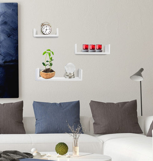 Greenco Set of 3 Floating œU? Shelves, Easy-to-Assemble Floating Wall Mount Shelves for Bedrooms and Living Rooms, White Finish