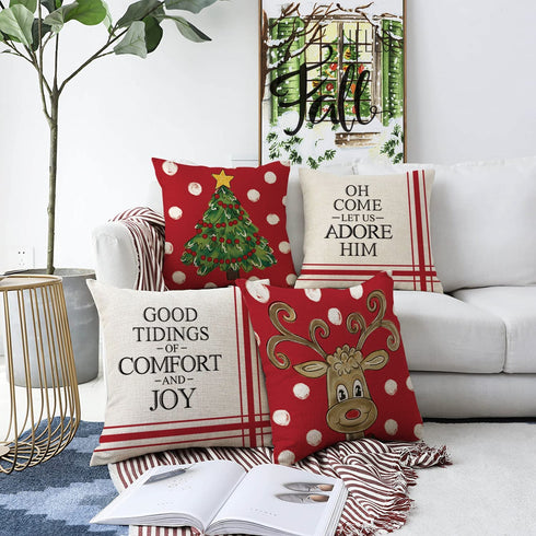 Christmas Pillow Covers 18 x 18 Inch Set of 4 Farmhouse Hug Pillowcase Christmas Tree Elk Winter Throw Pillows Living Room Decoration Home Decorative Sofa Pillowcase