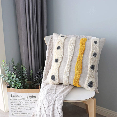 VANNCIO Boho Tufted Throw Pillow Cover with Handwoven Stripes, Linen Cotton Simple Decorative Cushion Case for Couch Sofa, 18x18 inches, 1 PC(Mustard Yellow)