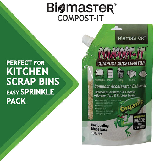 Biomaster Compost-It Compost Accelerator/Starter 100g Spout Pack for All Composting Systems, (100% Natural Concentrate)