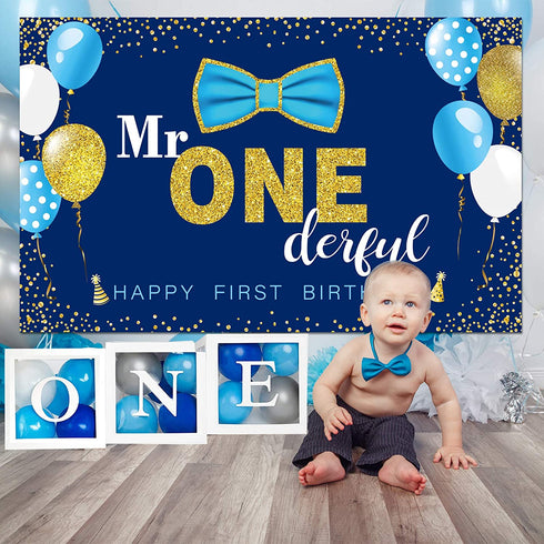 Boys 1st Birthday Banner and Balloon Boxes Party Decoration Set Transparent ONE Blocks Mr. Onederful Baby Toddler Little Man First Birthday Backdrop Blue Decor Photo Shoot Prop