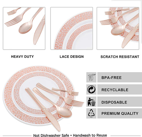 N9R 150pcs Rose Gold Plastic Plates with Disposable Plastic Silverware Set, Elegant Lace Dinnerware Sets Include 25 Dinner Plates, Dessert Plates, Forks, Knives, Spoons and Mini Forks