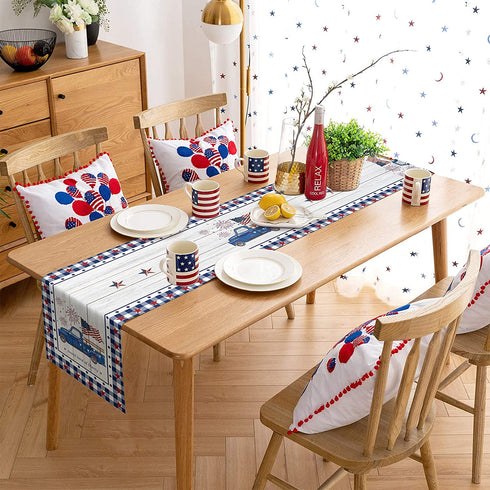 Independence Day Table Runner 70 Inch Dresser Scarves 4th of July Memorial Day Truck USA Flag Non-Slip Burlap Dinner Runner Decor for Tables Stars Check Plaid Buffalo Wood Grain