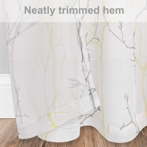 Curtains Semi Sheer Window Curtains Tree Branches Drapes Linen Panels Grommet Window Curtains for Bedroom, Living Room, Laundry, Nursery 50 — 63 Inches 2 Panels White Yellow and Gray