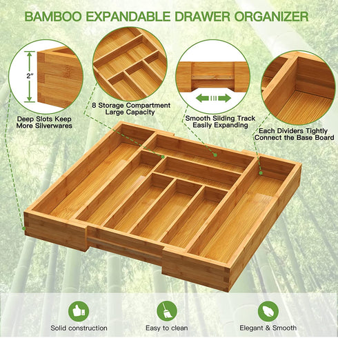 Bamboo Kitchen Drawer Organizer Large Silverware Tray, Expandable Wooden Cutlery Holder for Spoon Fork Flatware Adjustable Utensil Organizer By FURNINXS?7-9 Slot?