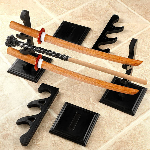 2 Set Wizard Wand Holder Wood Wand Display Stand Magic Wand Display Holder for Wand, Knife, Dagger, Table Counter Shelf Home or Office Display, Halloween Decor, Black (3 Tiers)