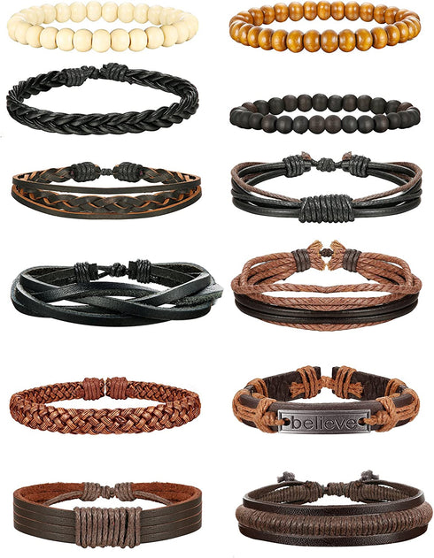 Jstyle 12Pcs Braided Bracelet for Men Beaded Bracelets Wrap Leather Wooden Bracelets Adjustable