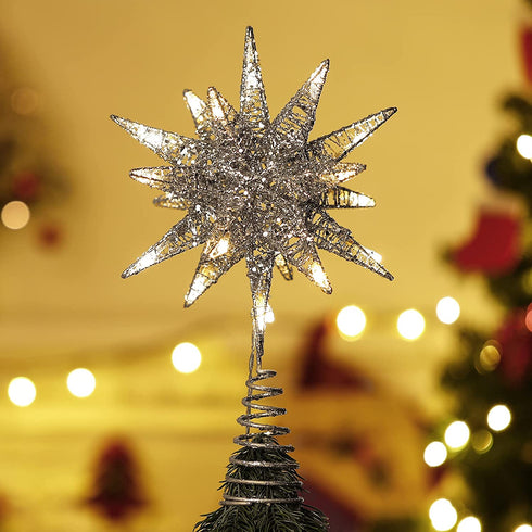 Lewondr Christmas Tree Topper, Battery Powered 3D Geometric Star Decorative LED Lights Bright Star Lighting with Springy Base for Holiday Xmas Tradition Moravian Tree Christmas Decor - Silver