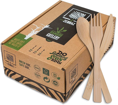 Biodegradable Real Bamboo Utensils/Cutlery Set 100 Disposable Reusable Utensils (50 Forks, 25 Knives, 25 Spoons) BBQ & Camping Accessories by 2 ZEBRAZ