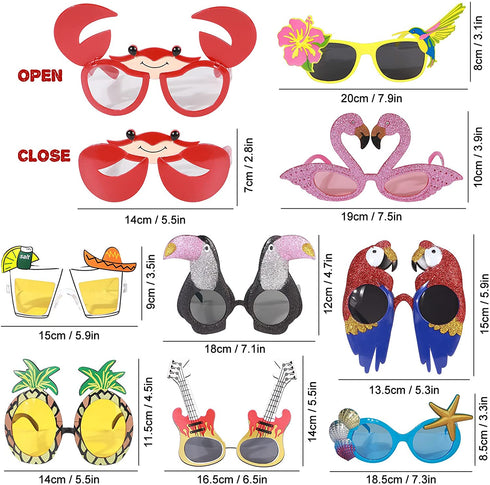 Golray 9 Pairs Luau Party Sunglasses for Adult Kids Hawaiian Tropical Birthday Party Favors Bulk Glasses with Flamingo Parrot Flip Crab, Summer Beach Pool Party Decoration Supplies Favors Props