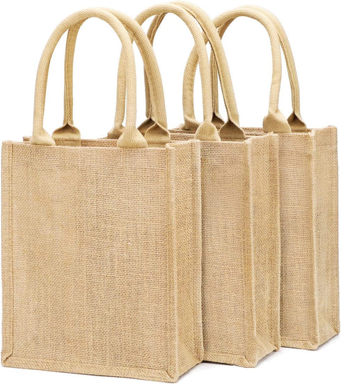 Segarty Tote Bags, 3 Pack Small Burlap Jute Reusable Canvas Gift Favors Bag with Handles Blank Totes Bulk for Bridesmaid Wedding, Women Market Grocery Shopping, Bachelorette Party, Beach Trip, DIY
