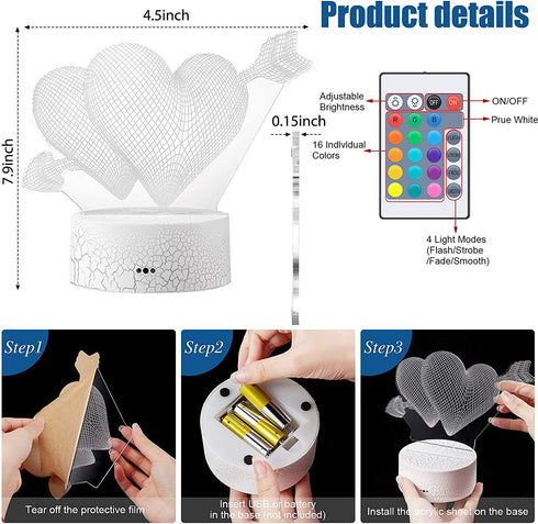3D Love Cupid Lamp, Romantic Love Illusion Light 16 Colors Change Night Light LED Heart Sleep Light for Valentines Wife Boyfriend Girlfriend, Remote Touch
