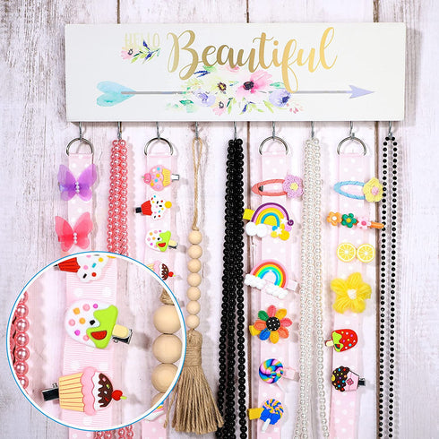 Hair Bow Holders for Girls Hair Bows Jewelry Organizer, Wood Wall Mount Jewelry Holder, Hanging Jewelry Storage Hanger with 9 Hooks, 9 Hair Bow Holders for Girl (Beautiful Style)