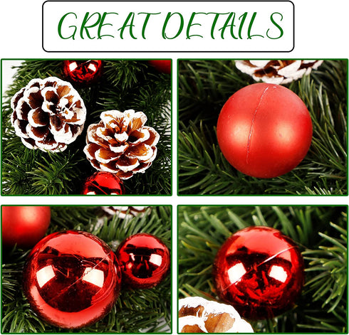 Lulu Home Christmas Front Door Wreath, 15.7" Pre-lit Wreath with Christmas Balls and Pine Cone, Battery Operated 40 LED Light Up Xmas Wreath Decorative Hanging Ornament