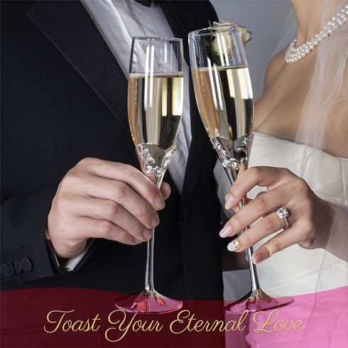 Memories Champagne Flutes, Set of Two Elegant Clear Glass 6.8 fl oz 200ml, silver plated stems, vine leaf design, clear crystals for special celebrations weddings anniversaries birthdays graduations
