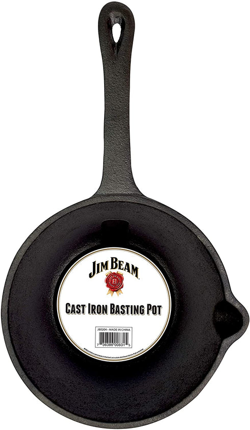 Jim Beam Pre-Seasoned Heavy Duty Construction Cast Iron Basting Pot for Grilling and Oven, Large, Black