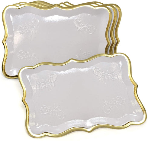 10 White Rectangle Trays with Gold Rim Border for Elegant Dessert Table Serving Parties 9" X 13" Heavy Duty Disposable Paper Cardboard for Platters, Cupcake Display, Birthday Party, Weddings Food Safe