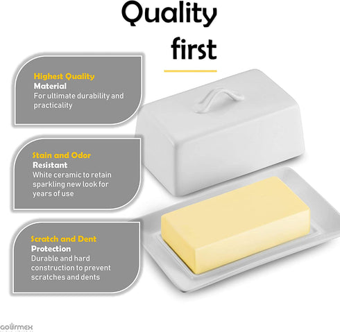 GOURMEX Large Butter Holder with Lid | Fits One Pound of Butter | Ideal Butter Keeper for Salted, Unsalted and Flavored Butter in Fridge | Ceramic White Covered Butter Dish is Dishwasher Safe