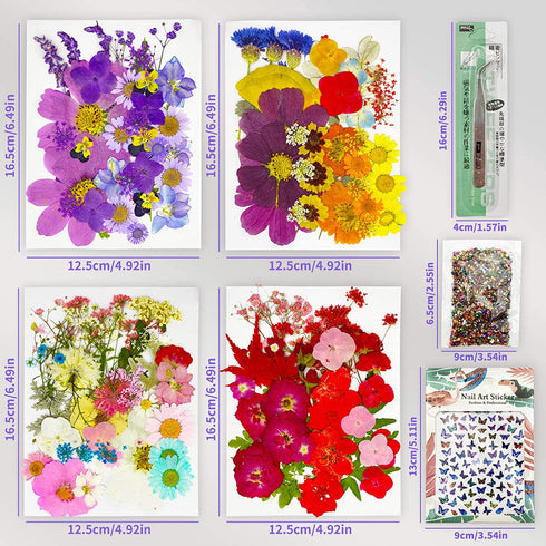 AINAZ 154 Pcs Natural Dried Pressed Flowers for Resin Molds with Butterfly Stickers, Colorful Stones, and Tweezer for DIY Resin Crafts, Jewelry & Candle Making Nails Art
