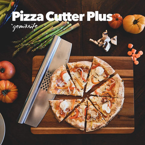 Gemiknife Pizza Cutter Plus. 14? Sharp Rocker Slicer + Built In Cheese Grater. Thick & Sturdy Stainless Steel Blade + Centered Handle + Protective Knife Cover + Dishwasher Safe.