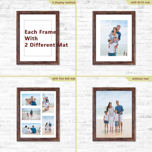 Q.Hou 11x14 Picture Frames Wood Patten Rustic Brown Set of 2, Each Frame with 2 Mats,Display 8x10 or Five 4x6 Photos with Mat & 11x14 Picture Without Mat for Wall Mount (QH-PF11X14-BR)