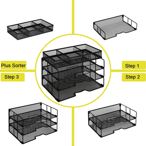 Meshist Paper Letter Tray Organizer, 3 Tier Stackable Desk File Organizer with 3 Shelves and a Sorter, Perfect for Home Office, A Good Gift for Women, Black