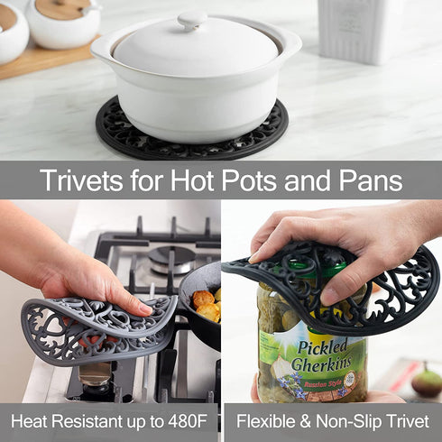 Domonic Home Oven Mitts and Pot Holders Sets, Silicone Oven Mitts Heat Resistant 600F, Soft Lining Good Grip Oven Mitts Sets, Oven Gloves and Silicone Trivet 4-Piece Set,Black