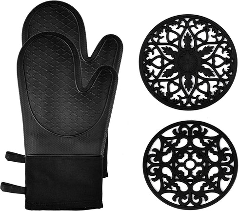 Domonic Home Oven Mitts and Pot Holders Sets, Silicone Oven Mitts Heat Resistant 600F, Soft Lining Good Grip Oven Mitts Sets, Oven Gloves and Silicone Trivet 4-Piece Set,Black