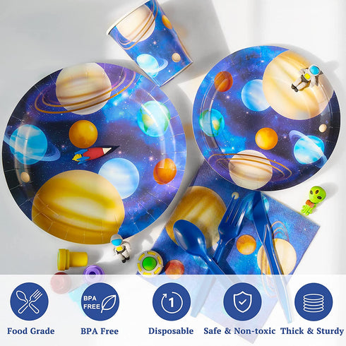Decorlife Space Themed Party Supplies Serves 16, Space Plates and Napkins Sets, Cups, Knives, Forks, Spoons Included, Total 112pcs