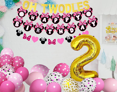 Amandir Cartoon Mouse 2nd Birthday Party Supplies, Oh Twodles Happy Birthday Banner Number 2 Pink Balloons Cartoon Mouse Cake Topper for 2nd Minie Mouse Birthday Party Favors Decorations for Girls