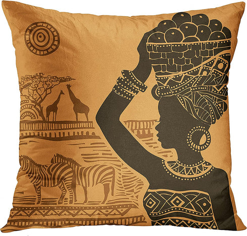 Emvency Set of 4 Throw Pillow Covers Retro Abstract Black and Brown Basket Zebra Giraffe African Women Ethnic Tribe Decorative Pillow Cases Home Decor Standard Square 18x18 Inches Pillowcases