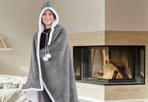 Safdie & Co. 65914.ECZ.74 Premium Wearable Hooded Adult Women and Men 71"x51"-Super Soft, Lightweight, Microplush, Cozy and Functional Throw Blanket (Silver), 52 in x 72