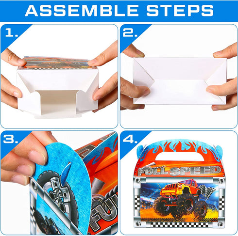 24 Pieces Monster Truck Favor Bags Paper Party Bags Treat Monster Jam Party Supplies Favor Box for Holiday Birthday Theme Parties Goodie Candy Cookies, 2 Styles, 7.09 x 7.09 Inches in Expanded State