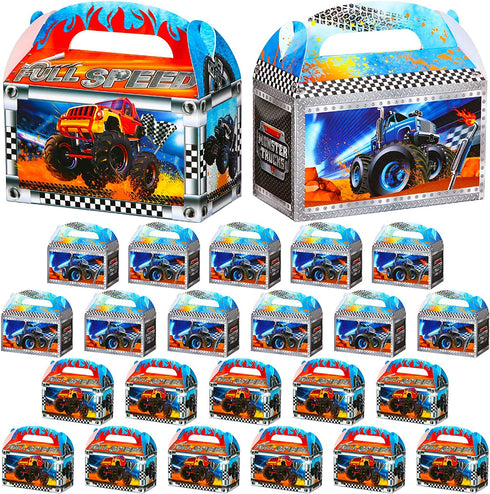24 Pieces Monster Truck Favor Bags Paper Party Bags Treat Monster Jam Party Supplies Favor Box for Holiday Birthday Theme Parties Goodie Candy Cookies, 2 Styles, 7.09 x 7.09 Inches in Expanded State