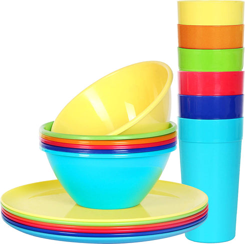 Youngever 18 Piece Plastic Kitchen Dinnerware Set, Plates, Dishes, Bowls, Cups, Service for 6 (Rainbow Colors)