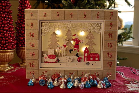Clever Creations Wooden Christmas Advent Calendar, Countdown to Christmas, LED Holiday Decoration, Battery Operated, Red Winter Scene