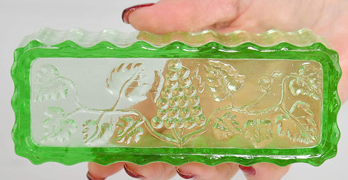 HOME-X Depression Style Glass Butter Dish with Lid and Grape Pattern, Retro Kitchen Decor, Wedding Gift