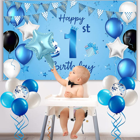 1st Birthday Decorations First Birthday Boy Backdrop 88 Pcs Blue Baby Boy First Birthday Party Supplies with Banner Foil Star Balloons Set for 1st Birthday Baby Shower Party Decorations Supplies